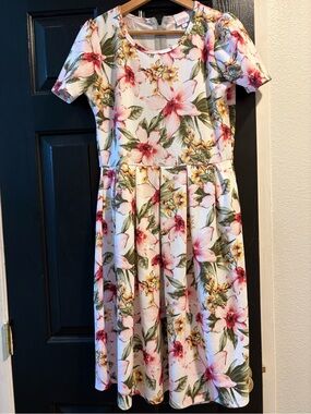 LuLaRoe White Floral Midi Dress with Pink & Green Print